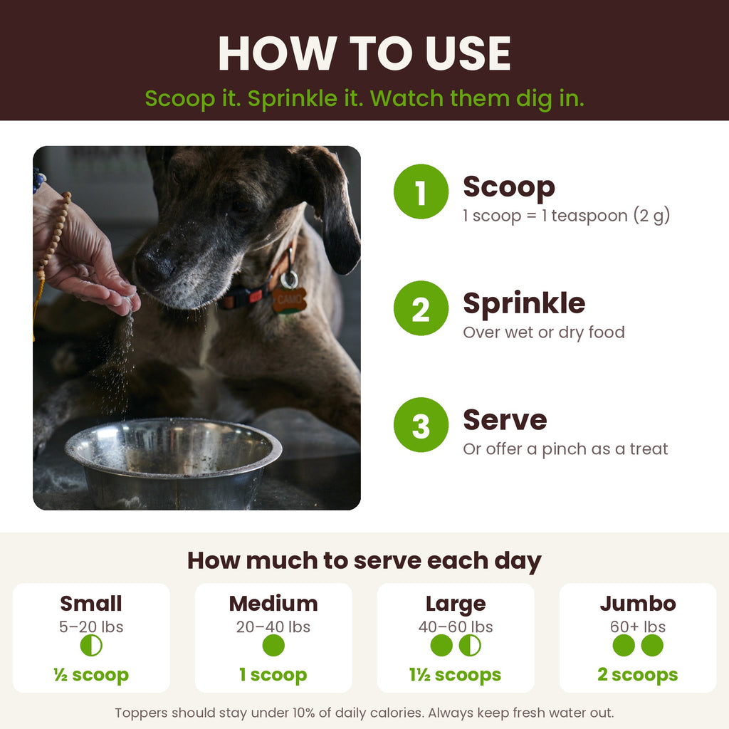 How to use Antler Protein Topper: scoop, sprinkle on food, serve, with daily serving guide by dog size